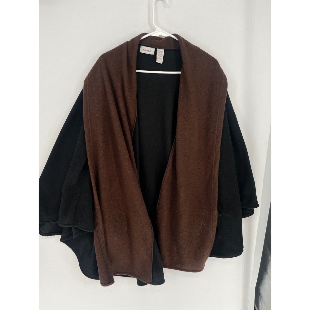 Le Moda Fleece Wrap Cape Women Brown Black Open Front Shawl Collar Pockets 2758